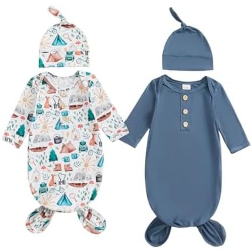 woshilaocai 2 Pack Baby Boy Girl Gown Sleeper Newborn Knotted Nightgown and Hat Set Infant Sleepwear