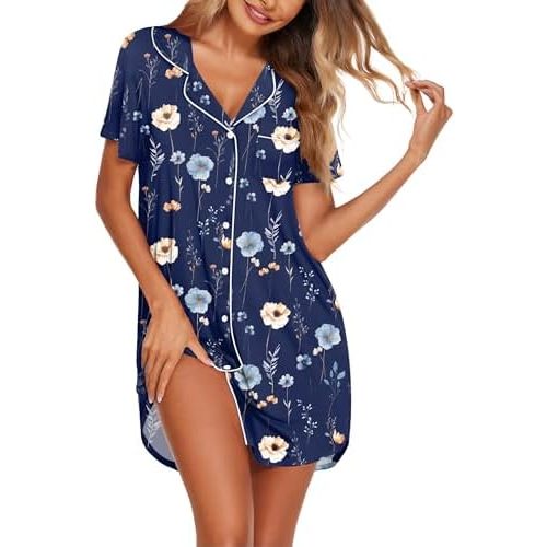 Ekouaer Womens Nightgown Button Down Night Gowns Short Sleeve Sleepshirt V Neck Nightshirt Soft Sleepwear S-XXL