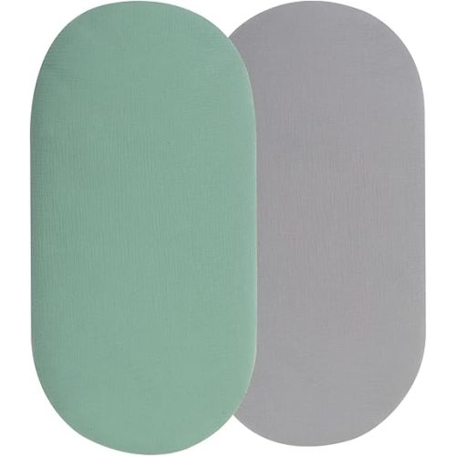 Muslin Bassinet Sheets Compatible with Dream On Me Karley (Plus Portable) Bassinet, Chicco LullaGo Portable and ANGELBLISS 3 in 1 Rocking, 100% Cotton, 2 Pack, Grey and Green