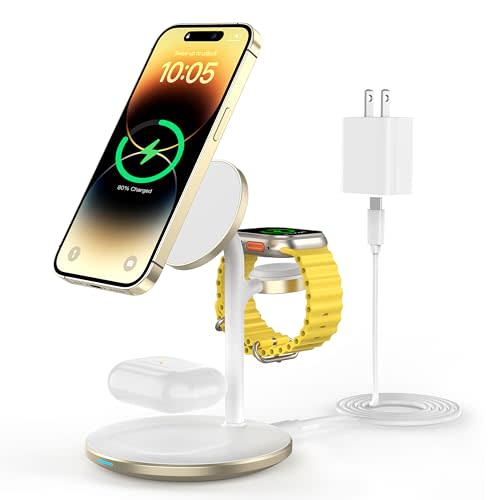 3 in 1 Wireless Charging Station for Apple Device, Standard 15W Fast Wireless Mag-Safe Charger Stand with QC 3.0 Adapter for iPhone 16 15 14 13 12, iWatch Ultra/8/7/SE/6/5/4/3, AirPods (Gold)