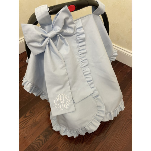 Car Seat Canopy with Large Bow and Ruffle, Choose from 34 Colors , Monogrammed Car Seat Tent, Personalized Baby Shower Gift
