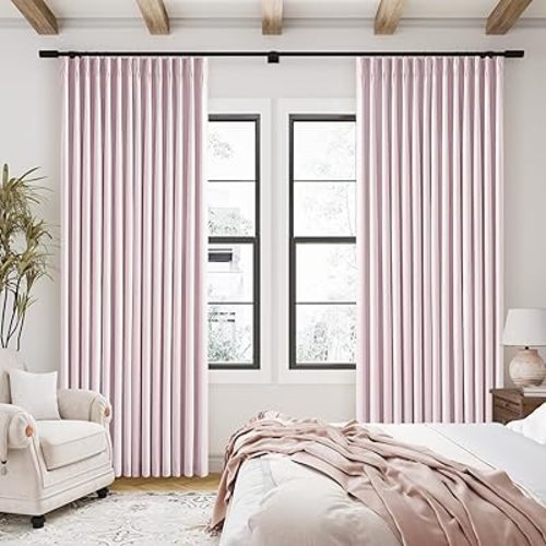 Pale Pink Linen Pinch Pleated Curtains 90 Inches Long Complete Blackout for Girls Bedroom Funky Cute Window Curtains Noise Heat Blocking Heavy Insulated Drapes Baby Pink Dusty Blush for Nursery