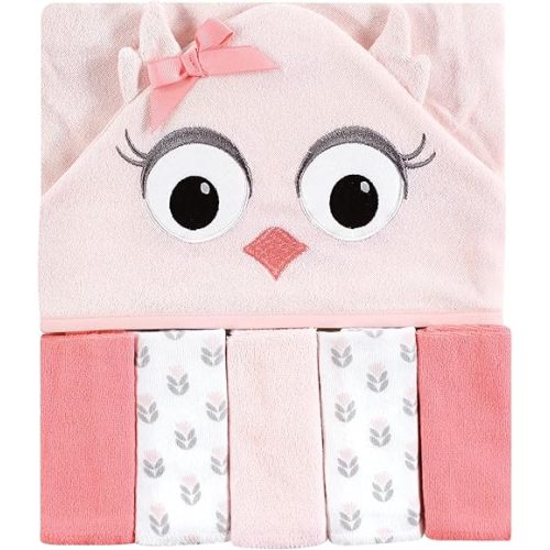 Hudson Baby Unisex Baby Hooded Towel and Five Washcloths, Pink Owl, One Size
