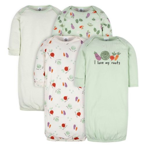 Gerber Baby Neutral Long Sleeve Gowns with Mitten Cuffs - 4-Pack, Color: Happy veggies, Size: 0-6 months