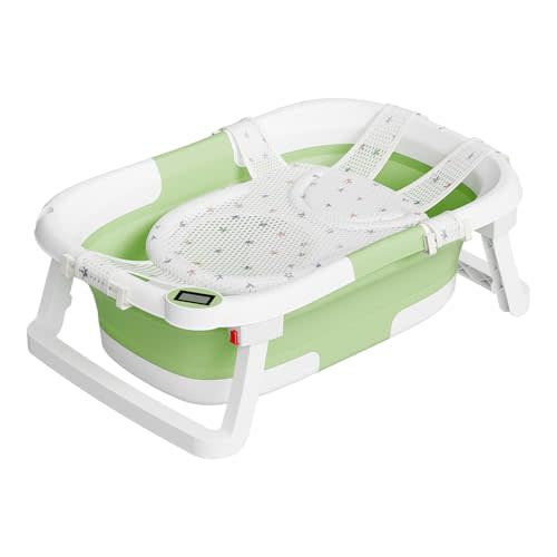 napei Collapsible Baby Bathtub,Baby Bath Tub with Soft Cushion & Thermometer,Baby Bathtub Newborn to Toddler 0-36 Months,Portable Travel Baby Tub