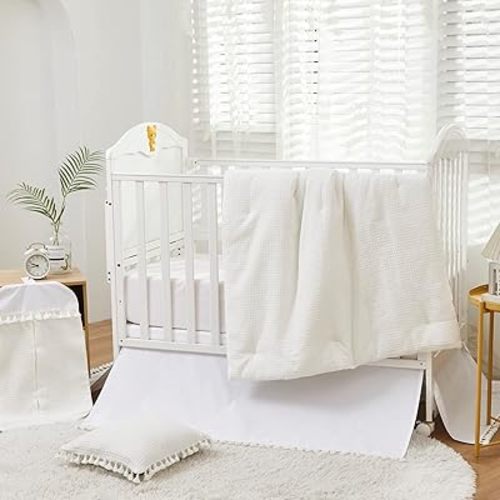Brandream Crib Bedding Set 3 Pieces 100% Cotton Waffle Weave Solid White Gender Neutral Farmhouse Chic Unisex Minimalist Tassel Fringe Macrame Cozy Boho Bohemian Baby Girl Boy Nursery Bedding