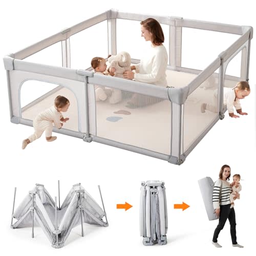 Baby Playpen,Foldable Portable Playpen for Babies and Toddlers,59”x59”Play Pen with Zipper Door,Play Pen Indoor & Outdoor Baby Fence Play Area, Collapsible Play Yard with Travel Bag(Light Grey)