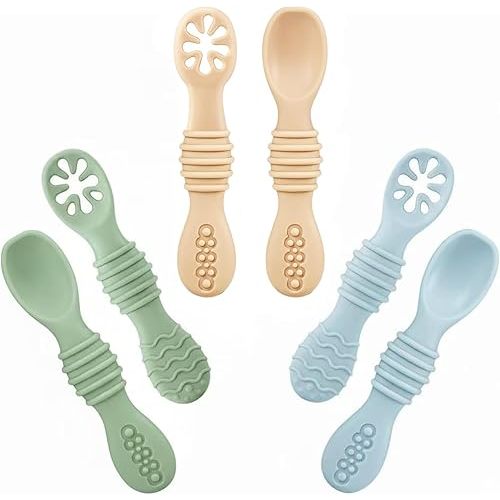 PandaEar 6 Pack Silicone Baby Spoons for Baby Led Weaning, First Stage Baby Toddler Self Feeding Utensils 6+ Months (Blue Green Beige)