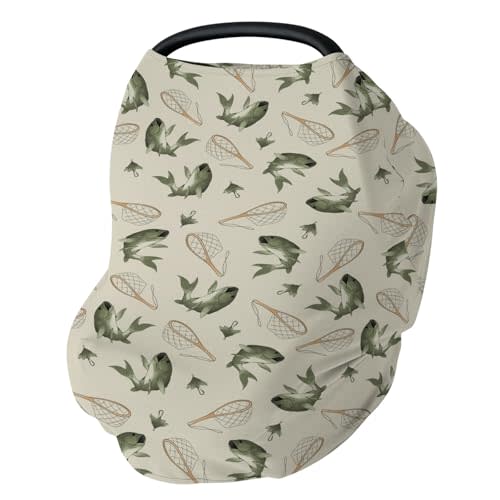 Gone Fishing Baby Car Seat Covers Vintage Bass Fishes Net Lake Stretchy 5-in-1 Cover Adjustable Infant Carseat Canopy Cover Fishing Lovers Gift Nursery Breathable Nursing Cover-Up