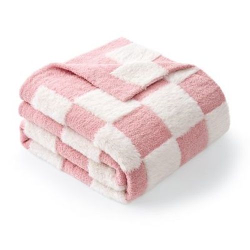 Soft Faux Fur Knit Checkered Throw Blanket Fluffy Bedding Blankets Snuggle Sac,60*80", Pink White