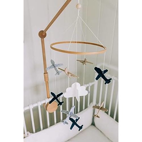 Sorrel + Fern Airplane Nursery Set - Includes Baby Crib Mobile (Airplanes in The Clouds) + Wooden Baby Crib Mobile Arm - for Boys & Girls