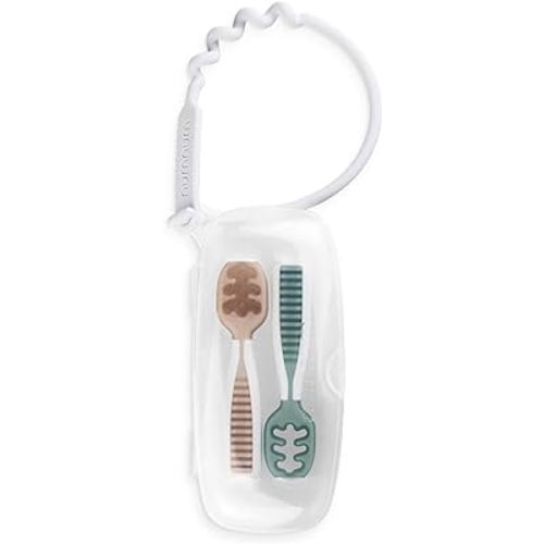 NumNum GOOtensil Pre-Spoons + Travel Case | Baby Spoon Set (Stage 1 + Stage 2) | BPA Free Silicone Self Feeding Toddler Utensils | For Kids Ages 6 Months+, 1-Pack, 2 Spoons, Beige/Green