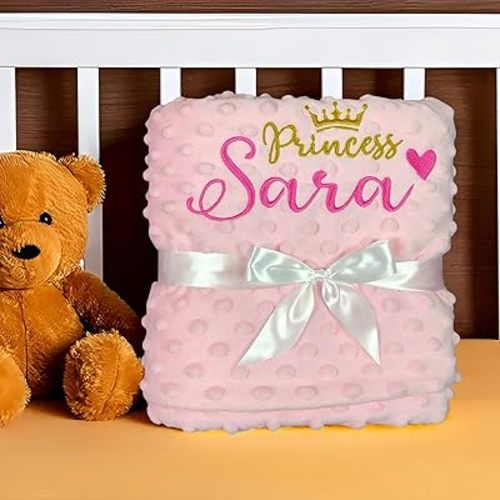 Personalized Baby Blankets for Girl, Custom Baby Blanket with Name, Customized Soft Minky Fleece Plush Sherpa Toddler Crib Stroller Blanket, Embroidered Newborn Gift Set Essentials, 27 * 35 Inch-Pink