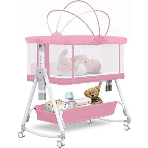 Baby Bassinet, Pink Bassinets Bedside Sleeper, 7 Height Adjustable Bedside Bassinet for Baby with Wheels and Storage Basket, Portable 4-Sided Mesh Bedside Crib for Newborn, Youluzhen