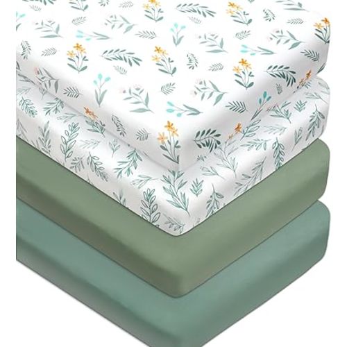 4 Pack Sage Green Fitted Nursery Sheets Breathable Neutral Unisex Baby Sheets for Boys or Girls with Leaf and Flower Design Standard Crib Sheet (Green, Crib Sheet)