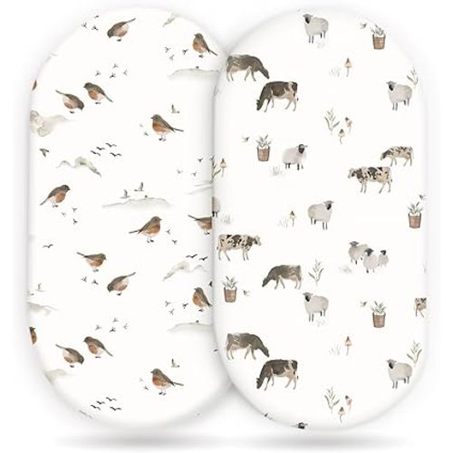 GRSSDER Stretchy Ultra Soft Bassinet Mattress Sheets 2 Pack, Universal Fitted for Baby Cradle Moses Basket Oval Rectangle Standard Pad Safe and Snug, Cute Animal Print Bassinet Sheet for Boys