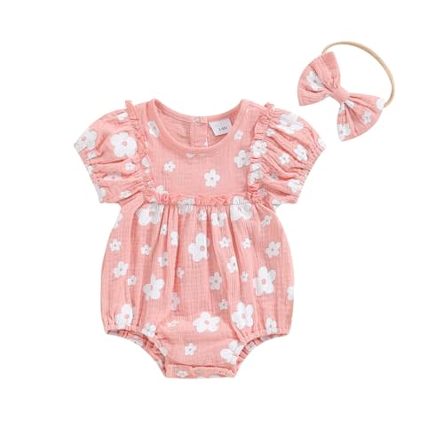 Baby Girl Rompers Daisy Print Short Sleeve Infant Bodysuit Summer Newborn Girl Linen Cotton Jumpsuit Clothes Headband