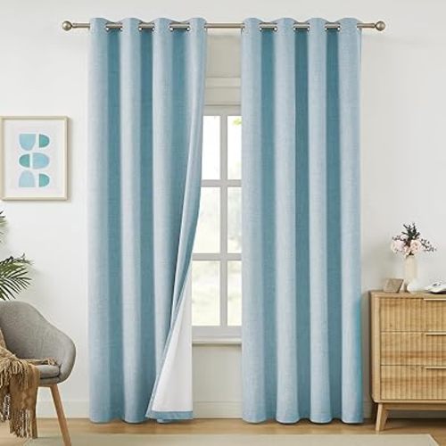 Melodieux Sky Blue Linen Blackout Curtains 96 Inches Long, Thermal Insulated Grommet Curtains for Bedroom Living Room, Elegant Farmhouse Light Blocking Linen Textured Drapes 52x96 inch, 2 Panels