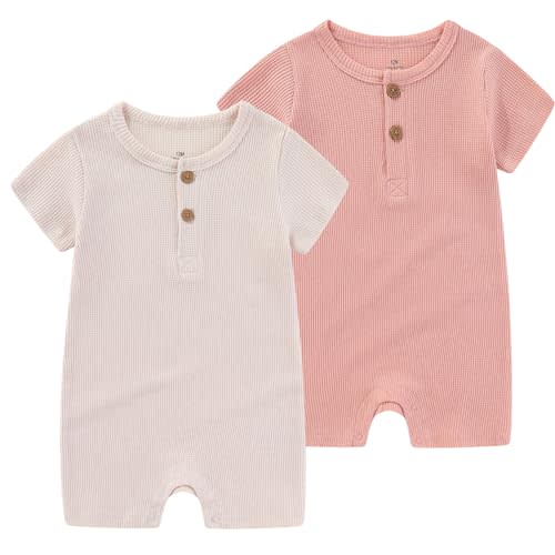 MAMIMAKA Baby Short Sleeve Bodysuits Solid Romper one-Piece Newborn Baby Clothes 2 Pack Baby Shower Gifts