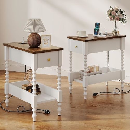 YOSHOOT Farmhouse End Table with Charging Station, Narrow Side Table