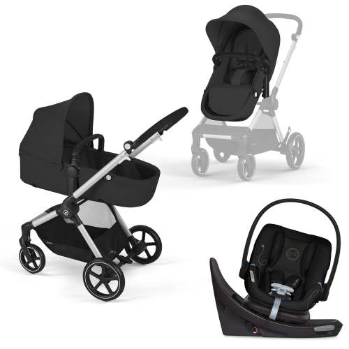 Cybex EOS 5-in-1 Travel System Stroller + Lightweight Aton G Swivel with SensorSafe - Silver / Moon Black