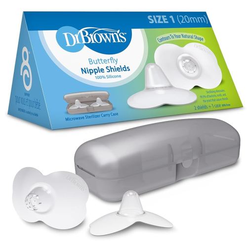 Dr. Brown's Butterfly Breastfeeding Nipple Shields for Protecting Sore, Flat or Inverted Nipples, Essential for Latching Difficulties with Microwave Sterilizer Carrying Case, Size 1, 20mm