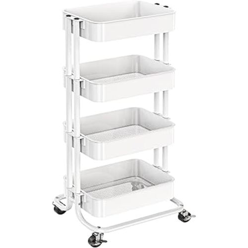 Pipishell 4 Tier Metal Rolling Utility Cart, Heavy-Duty Storage Rolling Cart with 2 Lockable Wheels, Multifunctional Mesh Organization Utility Cart for Kitchen Dining Room Living Room, PIUC13W