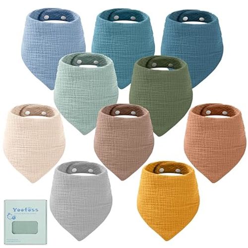 Yoofoss Muslin Baby Bibs 10 Pack Bandana Bibs 100% Cotton 6-Layer Soft Absorbent Drool Bibs for Boys and Girls - Beige