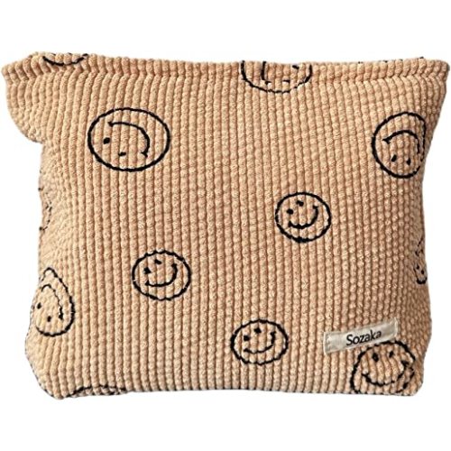 Cosmetic Bags for Women - Corduroy Cosmetic Bag Aesthetic Women Handbags Purses Smile Dots Makeup Organizer Storage Makeup Bag Girls Case Bags (Khaki)