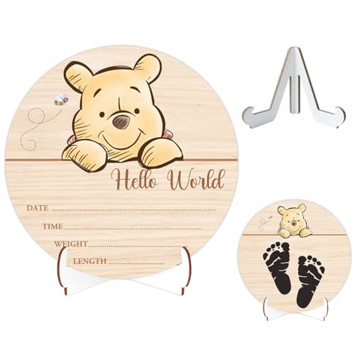 Winnie Baby Wooden Newborn Birth Sign, The Pooh Baby Announcement Sign, Babies Name Plaques Photography Prop, Winnie Hello World Newborn Signs, Pooh Double Sided Hello World for New Mom Babies