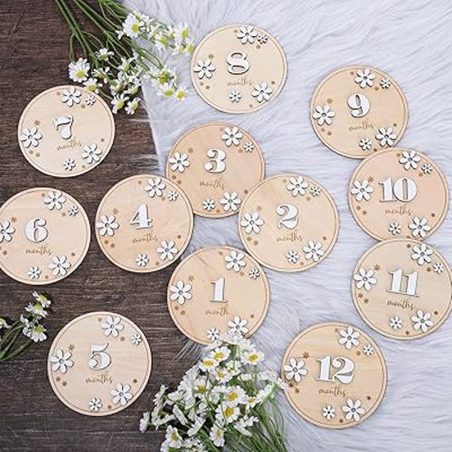 Whaline 12Pcs Baby Monthly Milestone Cards 3D Daisy Wooden Marker Discs Rustic Baby Month Announcement Sign for Baby Pregnancy Growth Photo Prop, 3.9 x 3.9 Inch