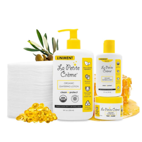 La Petite Creme Premium French Diapering Gift Set: Includes Organic Diapering Lotion (8 oz), Travel-size Liniment Baby Lotion (2 oz), 1 Travel-size Diaper Balm (1 oz), 50 Disposable Cotton Pads