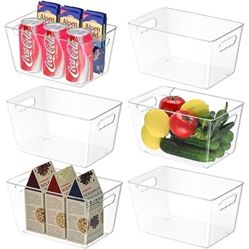 BALEINE Pantry Organizers and Storage Bins, 6 PK Plastic Clear Storage Bins, BPA Free Fridge Organizer Stackable Storage Bins with Handles for Kitchen Fridge Cabinet Bathroom (9.5x5.5x4.5)