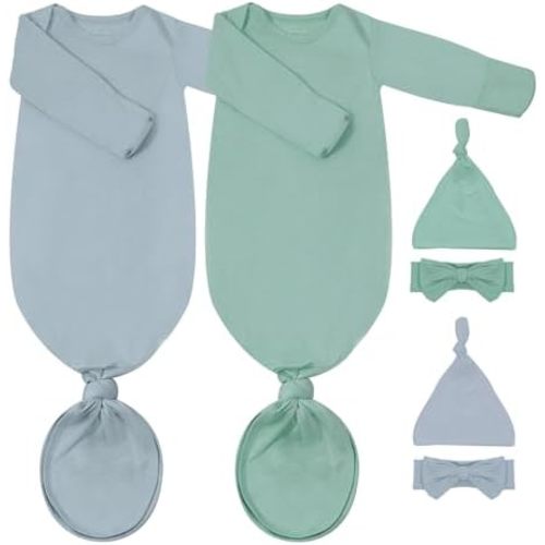 2Pack Newborn Baby Knotted Gown, Super Soft Modal Infant Long Sleeve Sleeper with Hat and Headband Set