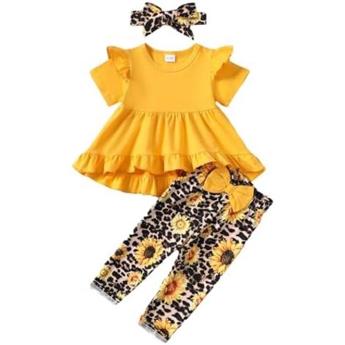 Kucnuzki Toddler Baby Girl Clothes Short Sleeve Ruffle Shirt Floral Pant Set 2 Piece Outfits For Girls Cute Clothing Set