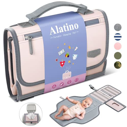 Alatino Portable Diaper Changing Pad for Baby, Detachable Travel Changing Pad with Baby Wipes Pocket, Gifts for Baby Shower, Newborn Girls and Boys (Light Pink)