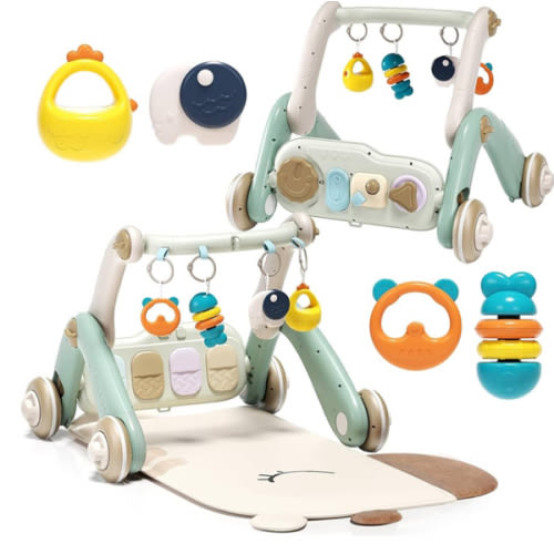 2 in 1 Baby Gym with Walker,Baby Play Mat with 4 Infant Learning Sensory,Double-Sided Multifunctional Removable Play Piano Panel,Sit-to-Stand Learning Walker for 0-24 Months Boy Girl [White]