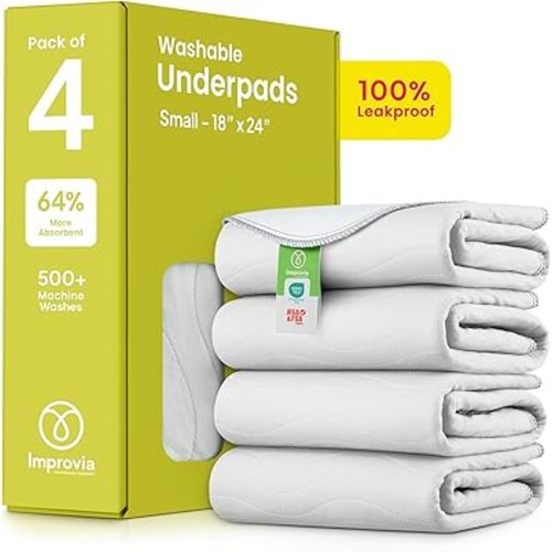 IMPROVIA® Washable Underpads, Heavy Absorbency Reusable Incontinence Pads for Kids, Adults, Elderly, and Pets - Waterproof Protection Floor (White & White, 4 Pack - 18"x24")