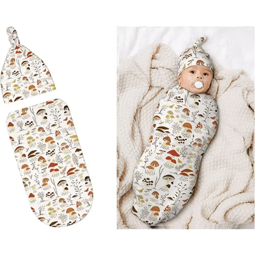 Mushroom Decor Botanical Newborn Swaddle Blankets Hat Sets Soft Stretchy Baby Stuff Receiving Blanket Gifts for Infant Baby Boy Girl