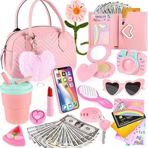 Play Purse for Little Girls Toddler, Little Girls Purse with Pretend Makeup, Girl Toys Princess Toy Pretend Play with Handbag, Kids Toy Purse Birthday for 3 4 5 6 7 8 +