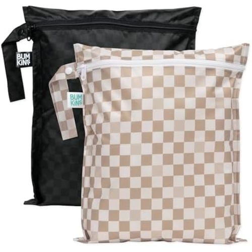 Bumkins Waterproof Wet Bag for Baby, Travel, Swim Suit, Cloth Diapers, Pump Parts, Pool, Beach, Gym Clothes, Toiletry, Hook to Stroller, Daycare, Zip Reusable Wetdry Pack, 2-pk Beige and Black Check