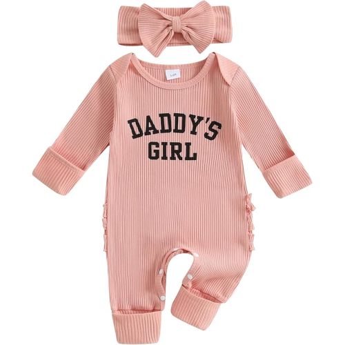 PUHHAPIEY Daddys Girl Newborn Clothes Long Sleeve Romper Onesie Ribbed Knit Jumpsuit Baby One Piece Outfit Coming Home