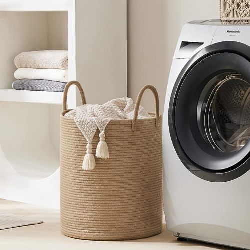 Jute Rope Woven Laundry Hamper Basket by YOUDENOVA, 58L Tall Laundry Basket, Baby Nursery Hamper for Blanket Storage, Clothes Hamper for Laundry in Bedroom-Large-Jute - Jute Brown - Tall (58L ) (15"x15"x20")