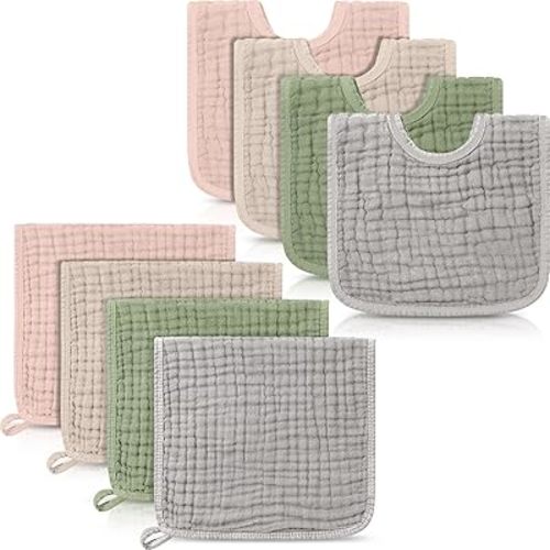 Tallew 8 Pack Muslin Burp Cloths and Baby Bibs for Boy Girl 20" x 10" Cotton Baby Bandana Drool Bibs Muslin Burp Cloths Absorbent Rag for Newborn Toddler Infant Gifts(Vivid Color)
