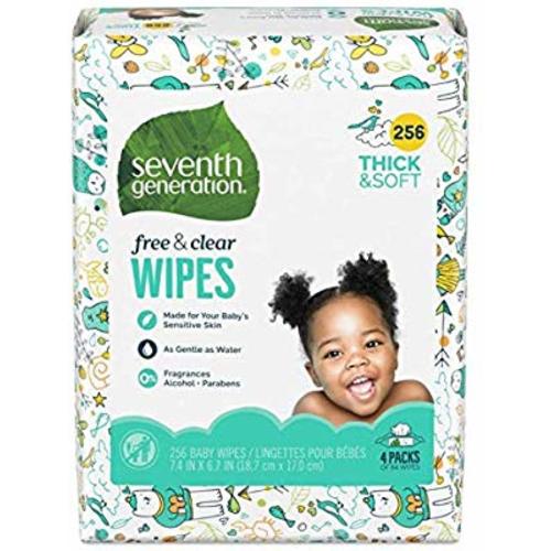 Seventh Generation Baby Wipes, Free & Clear Unscented and Sensitive, Gentle as Water, Refill with Tape Seal, 256 count (Packaging May Vary)