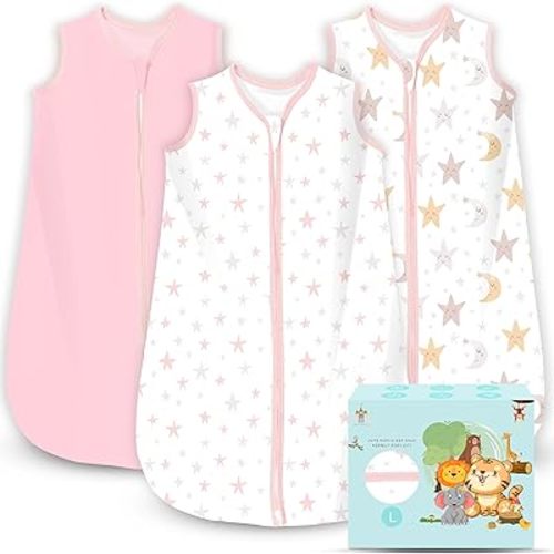 Cute Castle Baby Sleep Sack 12-18 Months - Lightweight 100% Cotton 2-Way Zipper TOG 0.5 Infant Wearable Blanket, Newborn Essentials Toddler Sleep Clothes, 3 Pack(Pink, Moon, Stars)