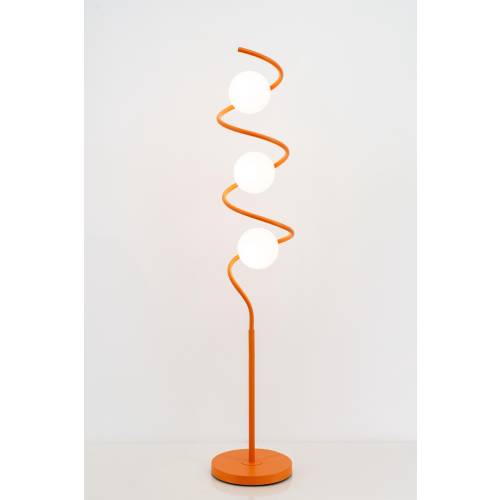 Modern Tangerine Orange Spiral Floor Lamp with 3 Acrylic Globes, Art Deco & Contemporary Style, with on/off push button LED bulbs included