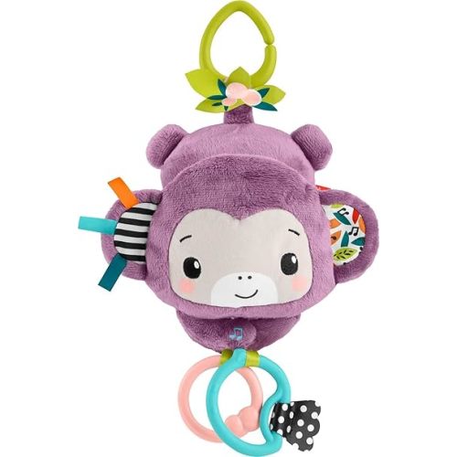 Fisher-Price Baby Stroller Toy Sing & Go Purple Monkey Musical Sensory Plush with Crinkle & Clackers for Newborns from Birth+