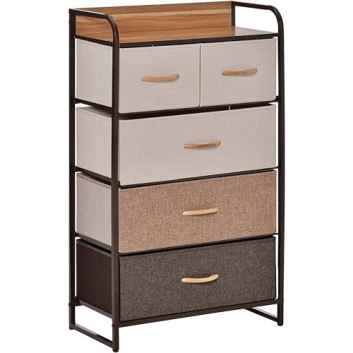 HOMCOM 5-Drawer Fabric Dresser Tower, 4-Tier Storage Organizer with Steel Frame for Hallway, Bedroom and Closet, Maple Wood