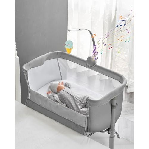 Yacul Baby Bedside Bassinet, Baby Bassinet Bedside Sleeper with Music Box & Toy, Adjustable Height Bassinet for Baby Girl Boy Newborns